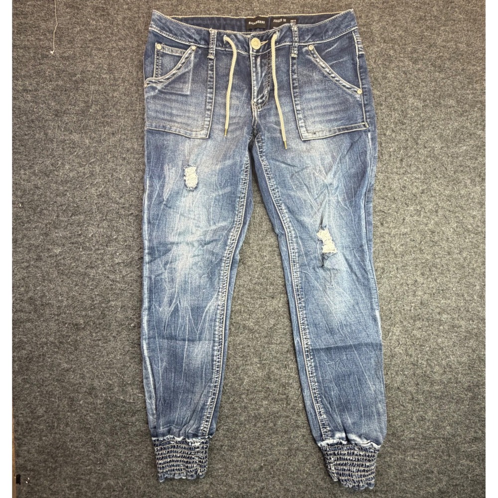 Ranbeeri Jogger 32 Jeans Women Size 11 Dark Blue Distressed Smocked Cuff Denim